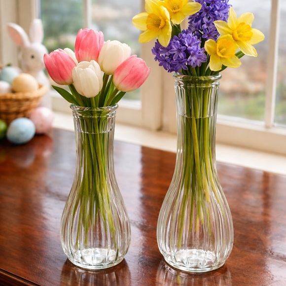 Vintage European Pressed Glass Bud Vase Set Art Deco Ribbed Clear Glass - Picture 3 of 12